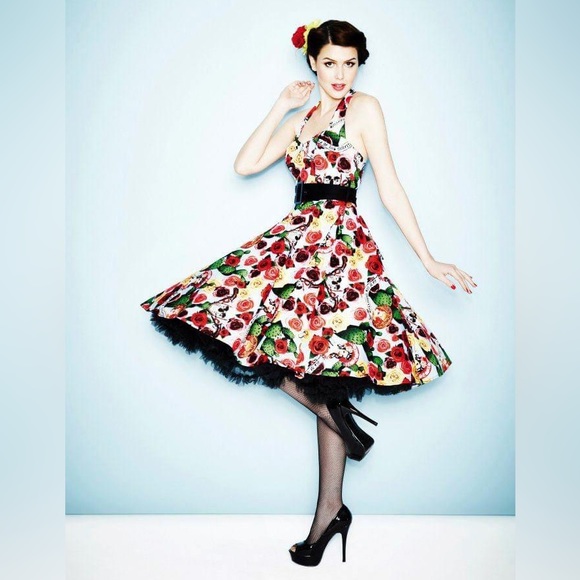 HELL BUNNY Mexico 50s Rockabilly Halter Neck Cotton Midi Dress - Picture 11 of 16